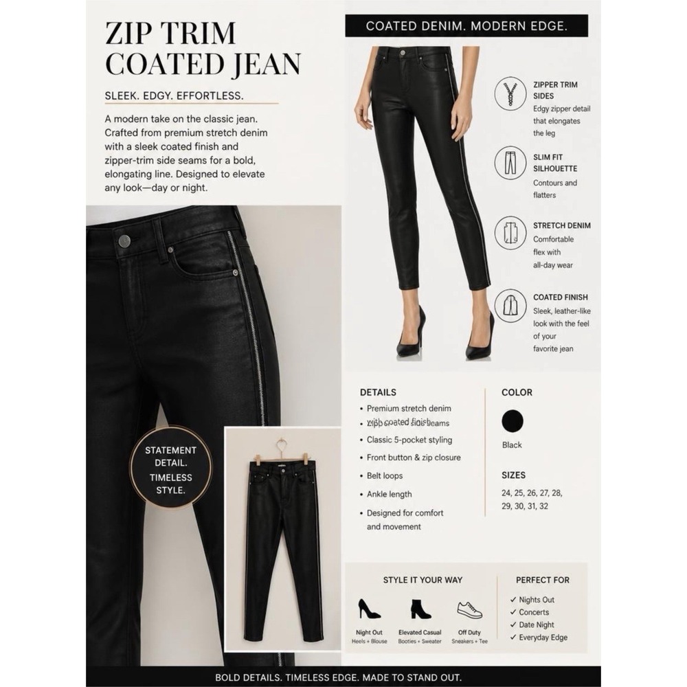 7 For All Mankind Black Coated Zip Trim Side Seam Slim Ankle Jeans Womens